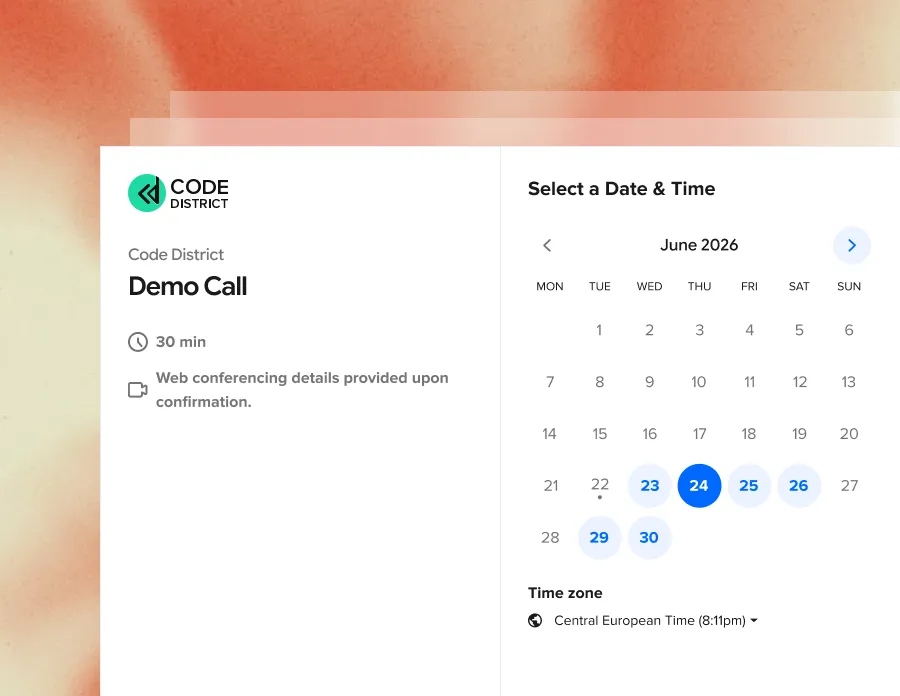 Code District Demo Call scheduler showing a 30-minute slot and a calendar to pick a date and time
