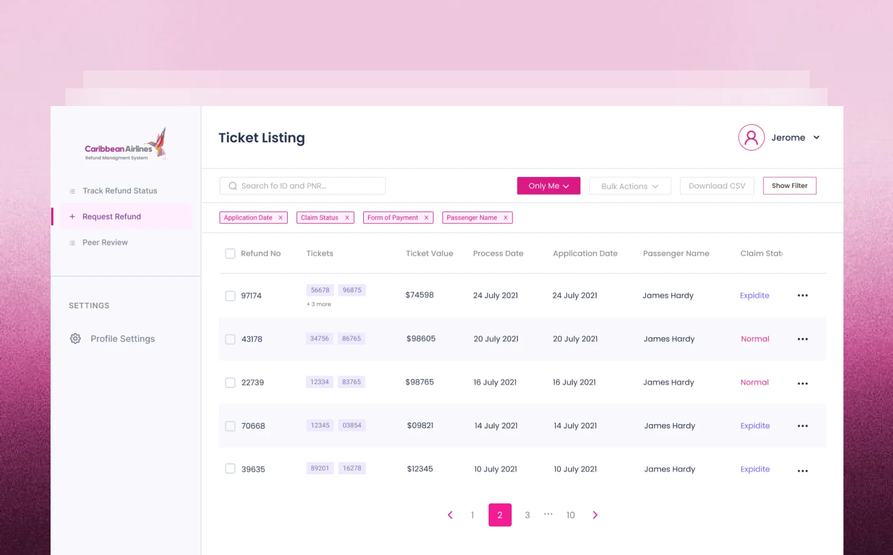 Airline ticket listing dashboard