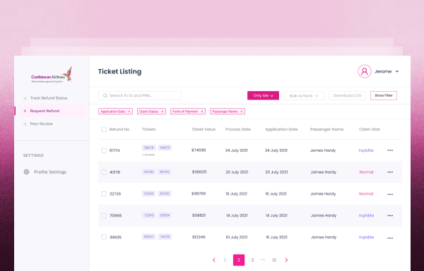 Caribbean Airlines ticket-listing dashboard built by Code District