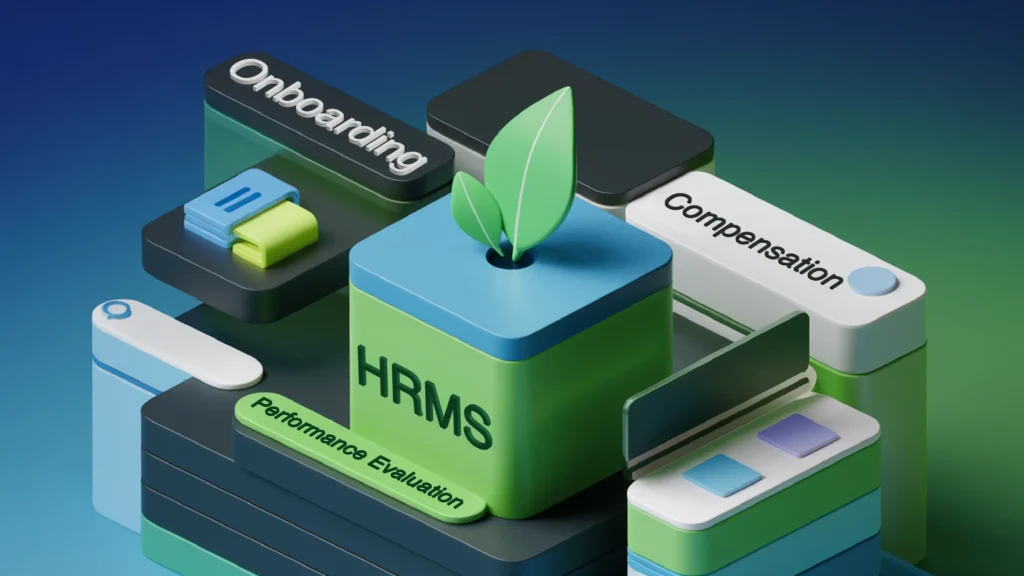 3D illustration of HRMS modules including onboarding, compensation, and performance evaluation.