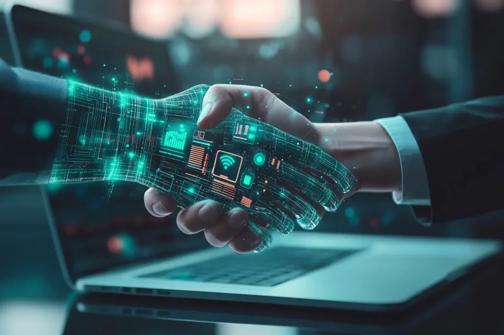 Human and AI handshake symbolizing AI transformation in modern businesses.